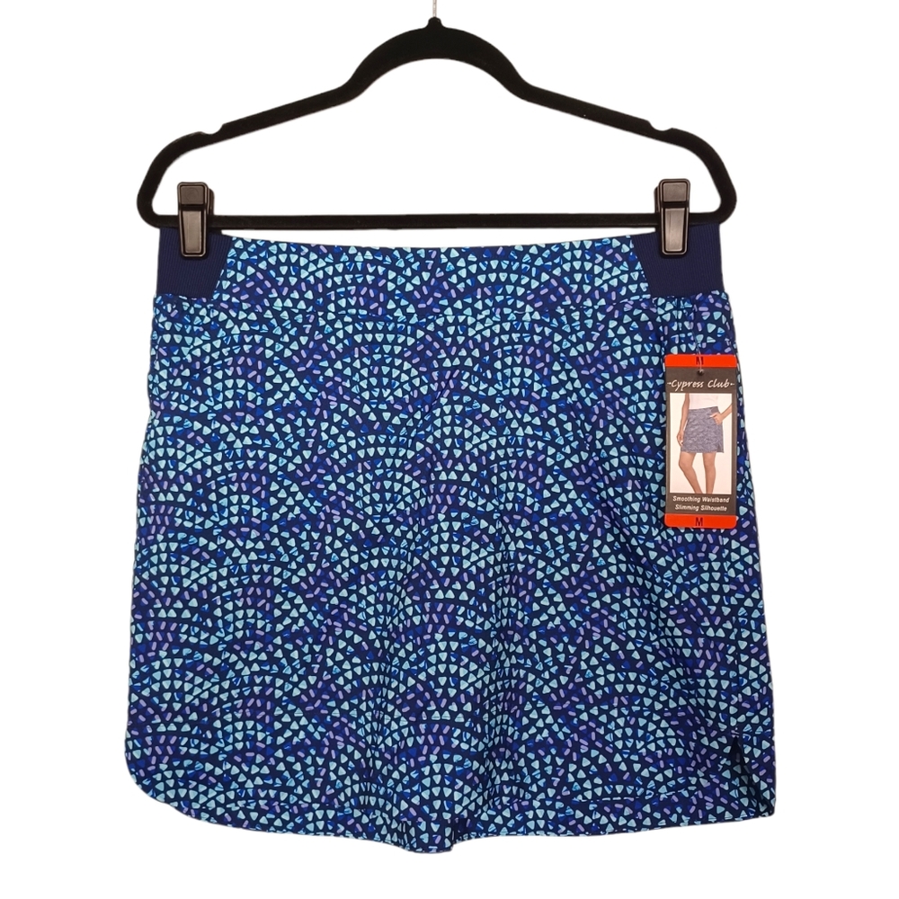 CYPRESS CLUB Blue Geometric Print Smoothing Waistband Skirt w Shorts Medium NWT